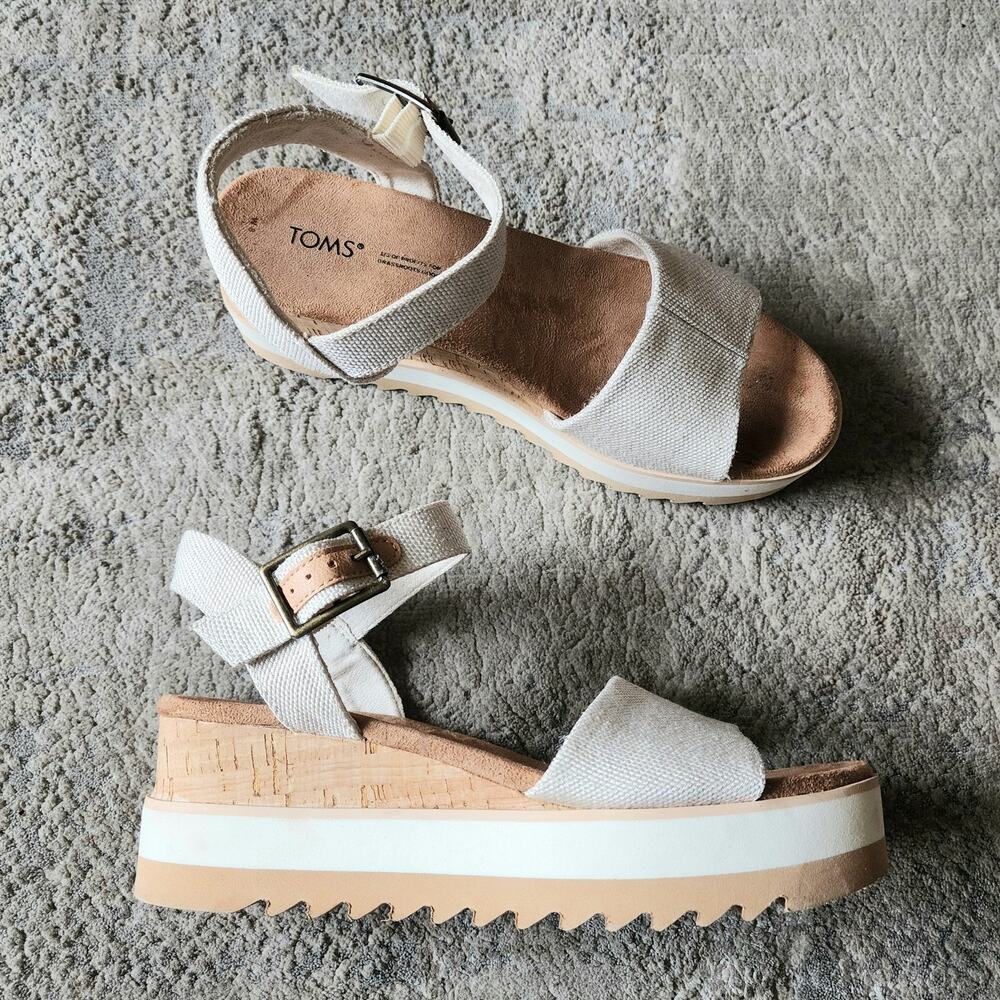 Toms Women's Size 8 Cork Wedge Platform Sandals Ivory Textile Fabric